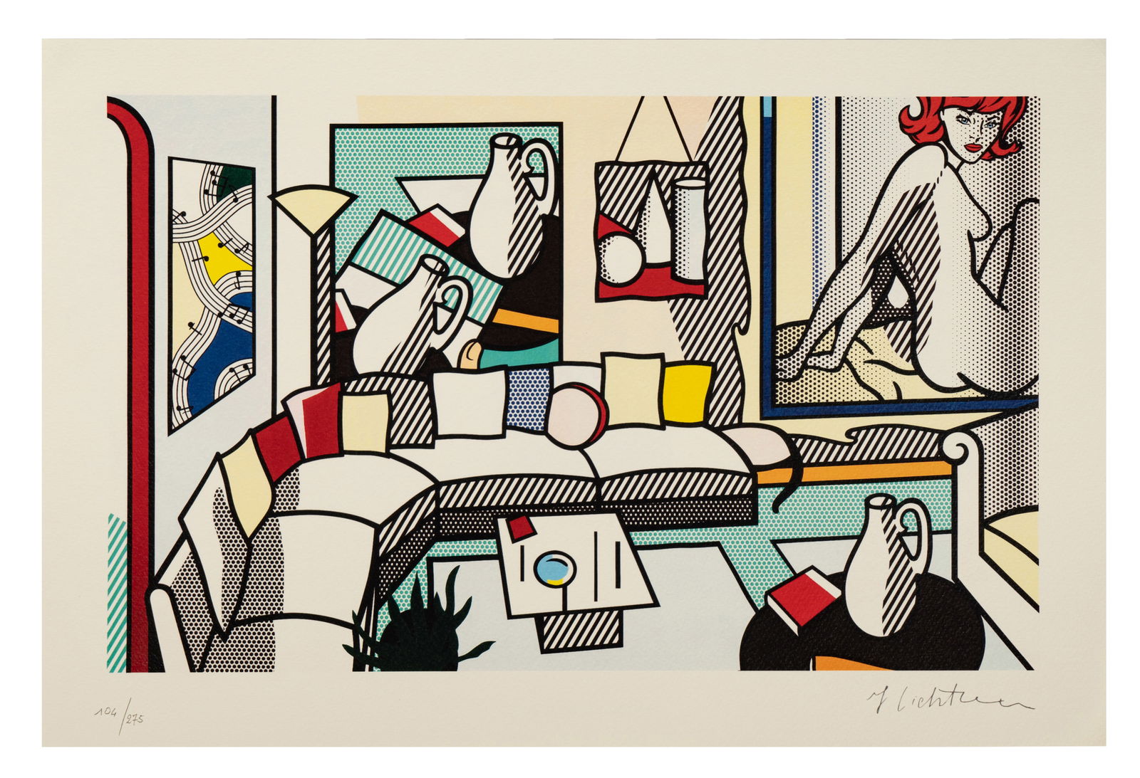 Roy Lichtenstein, American (1923-1997), Interior, Perfect Pitcher: Roy Lichtenstein American (1923-1997) Interior, Perfect Pitcher Lithograph Signed lower right, editioned 104/275, unframed Sheet: 11 3/4 x 17 3/4 in. (29.8 x 45.1 cm.)