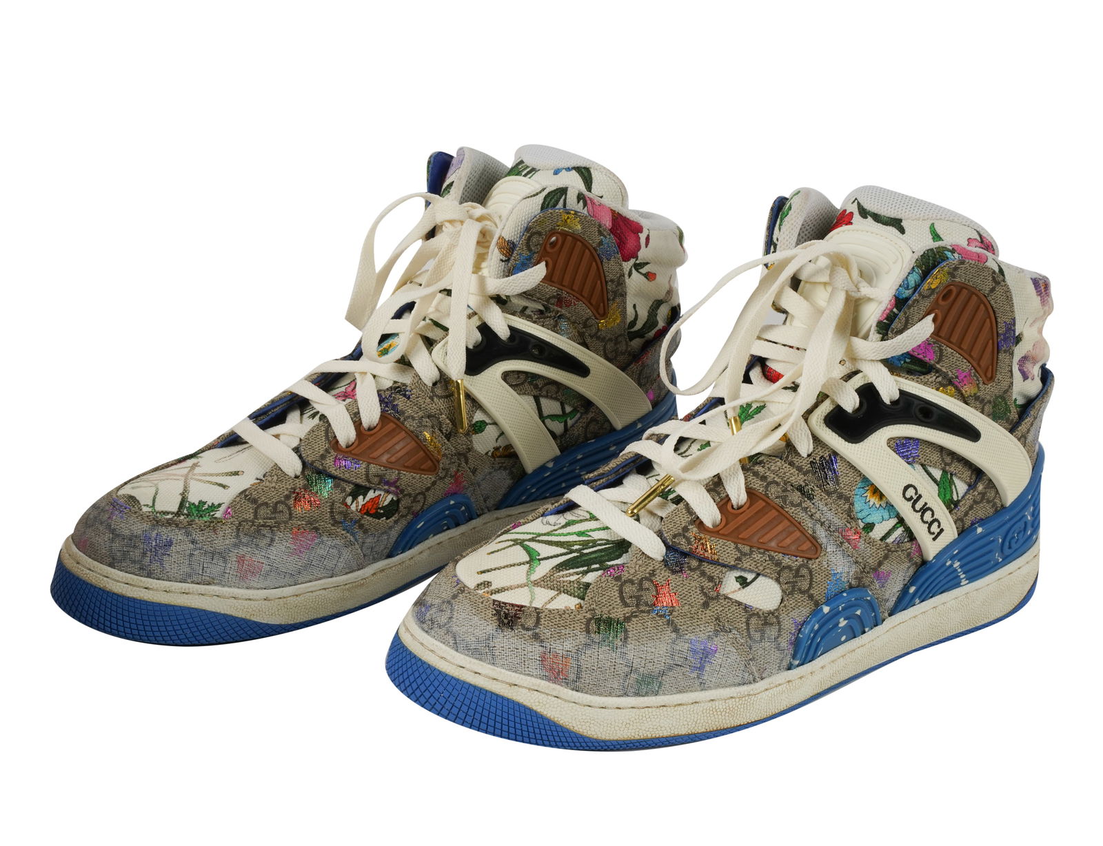 Shoe Surgeon & Gucci Create a Trio of Up-Cycled Sneaker: with cardboard box, signed in marker to front of one shoe, with no size listed the box: 6 x 5 1/2 x 14 in. (15.2 x 14 x 35.6 cm.)