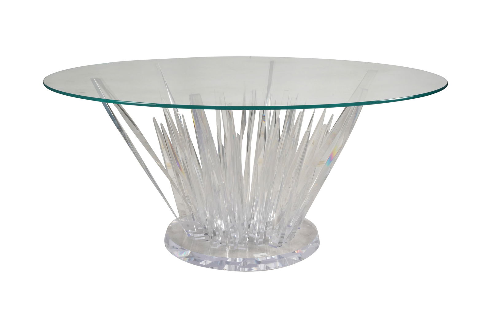 Round Lucite Dining Table: modern, removable top 29 1/2 x 65 in. (74.9 x 165.1 cm.)