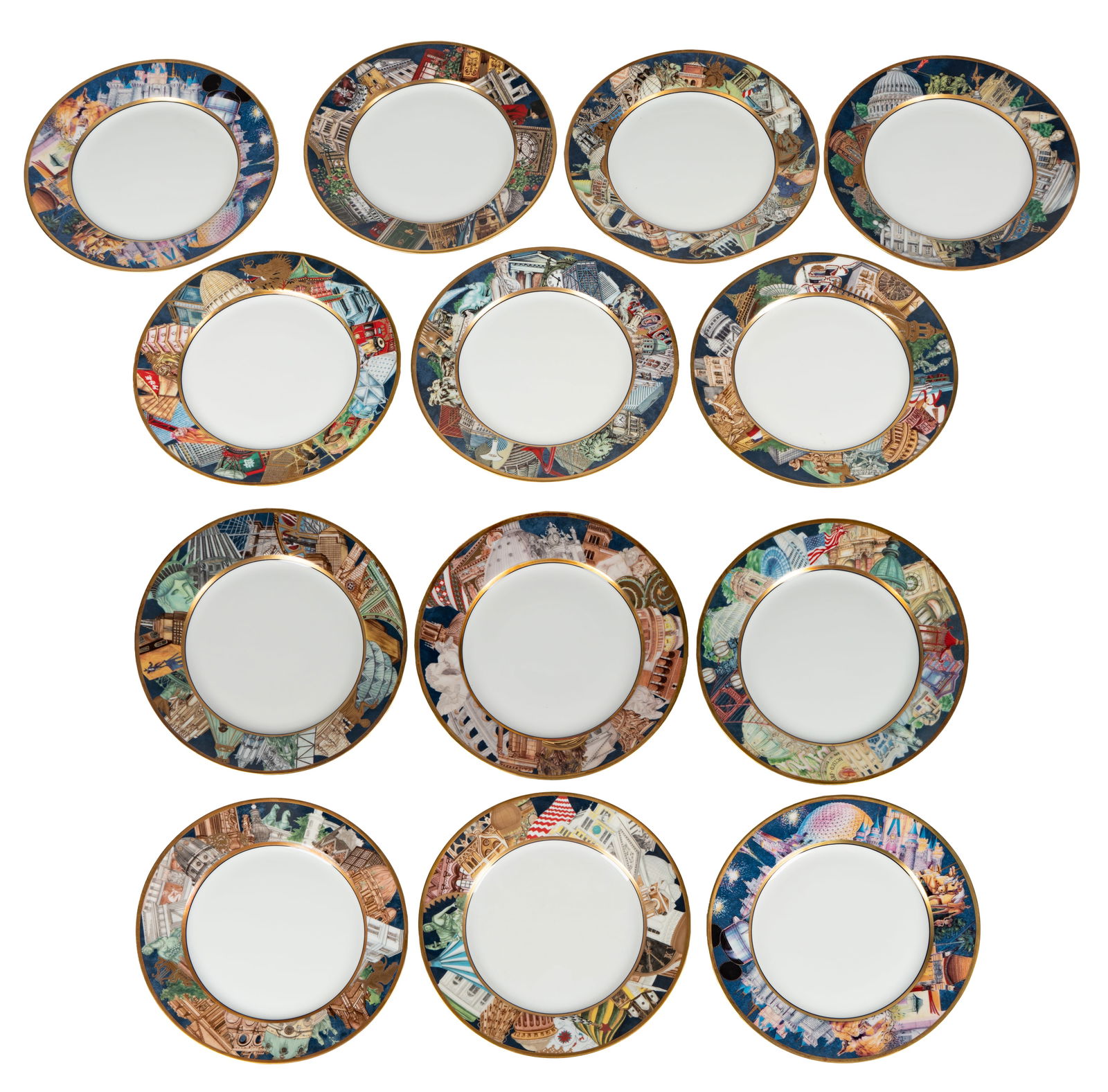 Set of 13 Bernardaud Limoges Metropoles Dinner Plates: each plate marked and titled, comprising San Francisco, Rome, Venise, Washington, Paris, Chicago, Berlin, Hong Kong, New York, Moscou, Londres, and two Disney Randy Sounder plates 10 1/4 in. dia.(26 c