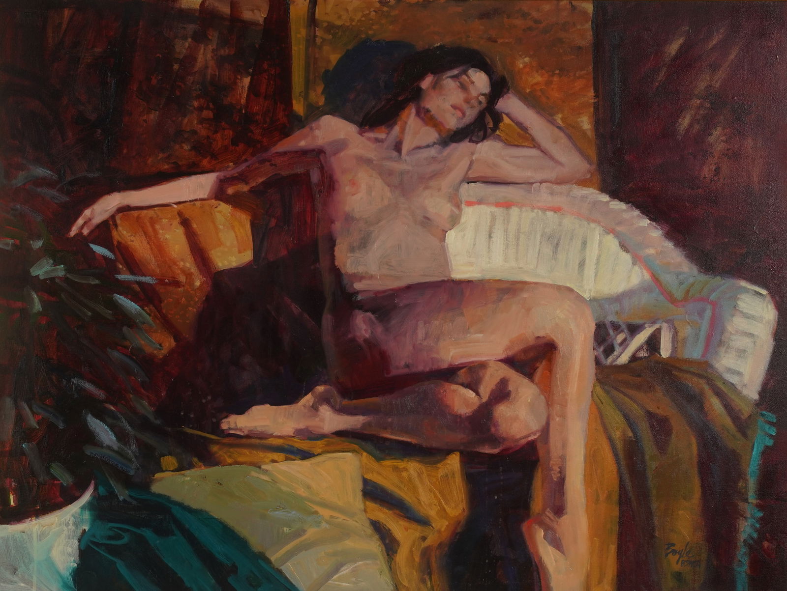 Neil Boyle, 1931-2006, Reclining Nude: Neil Boyle 1931-2006 Reclining Nude oil on canvas Signed lower right 30 x 40 in. (76.2 x 101.6 cm.), Frame: 36 x 46 in. (91.4 x 116.8 cm.)