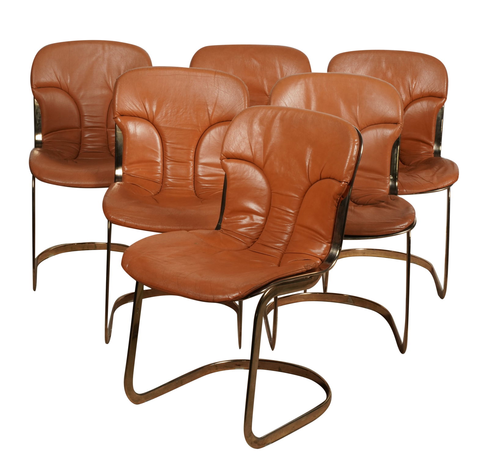 Willy Rizzo Set of Six Leather Chairs: each chair with Cidue Made in Italy sticker underside, each with snap-in leather cushions attached 32 x 18 x 22 in. (81.3 x 45.7 x 55.9 cm.), seat height: 17 1/2 in. (44.5 cm.)