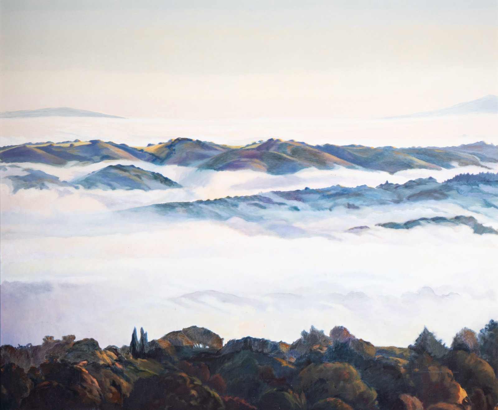 Ann M. Hogle, American (b. 1927), Fog Over Portola Valley: Ann M. Hogle American (b. 1927) Fog Over Portola Valley oil on canvas 1984, signed lower right, signed, titled, and dated verso 60 x 72 in. (152.4 x 182.9 cm.), Frame: 68 1/2 x 72 in. (174 x 182.9 cm.