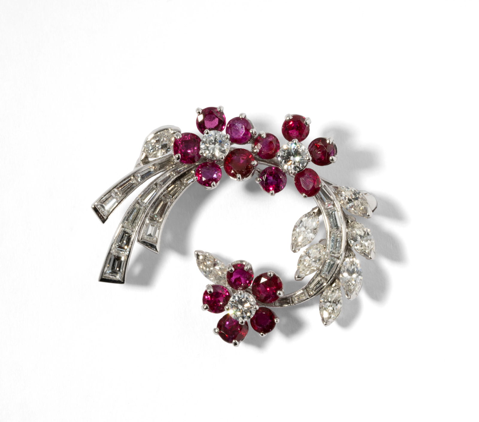 Platinum Diamond And Ruby Flower Brooch (1 of 6)