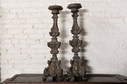 A Pair of Baroque-Style Brass Repousse Altar Sticks