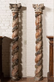 A Pair of Italian Baroque Carved and Polychromed Solomonic Columns