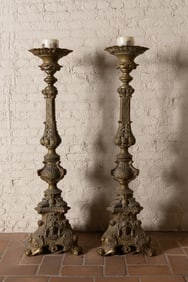 A Pair of Continental Baroque-Style Gilt Brass Floor Candlesticks