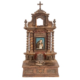 A Spanish Colonial Painted and Carved Wood Tabletop Shrine