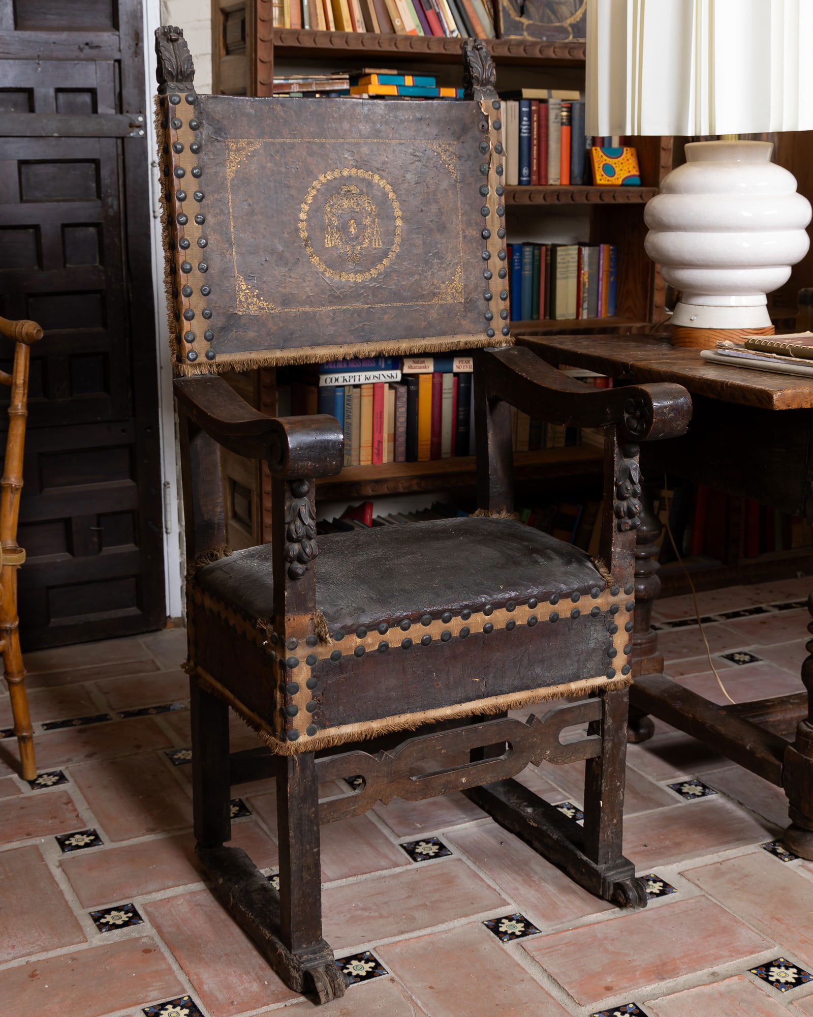 An Italian Baroque Carved Walnut and Tooled Leather Cardinal's Chair (1 of 20)