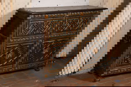 A Spanish Baroque Carved Gilt and Polychrome-Painted Chest