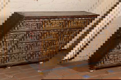 A Spanish Baroque Parcel Gilt and Bone-Inlaid Walnut Vargueno