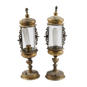 A Pair of Brass and Glass Altar Lamps