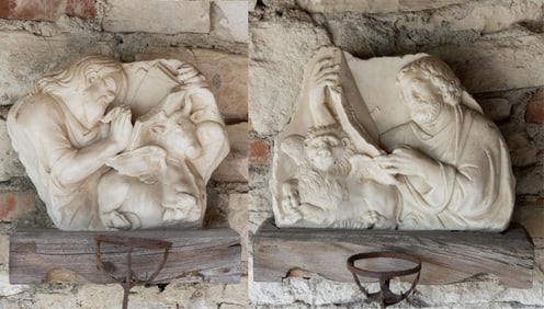 Two Italian Carved Marble Figural Architectural Fragments