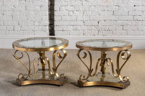 Arturo Pani (1915 - 1981): Pair of Side Tables: Mexico, 1950s; brass, acid-etched mirror glass, glass 23 x 24 in. (58.4 x 61 cm.) Provenance: Property from The Private Collection of International Architect and Designer Selma Cisic of the iconic Los