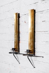 Tony Paul (1918-2010): Pair of Brass Sconces: USA, 1950s 18 x 9 x 3 1/2 in. (45.7 x 22.9 x 8.9 cm.) Provenance: Property from The Private Collection of International Architect and Designer Selma Cisic of the iconic Los Angeles store Adesso