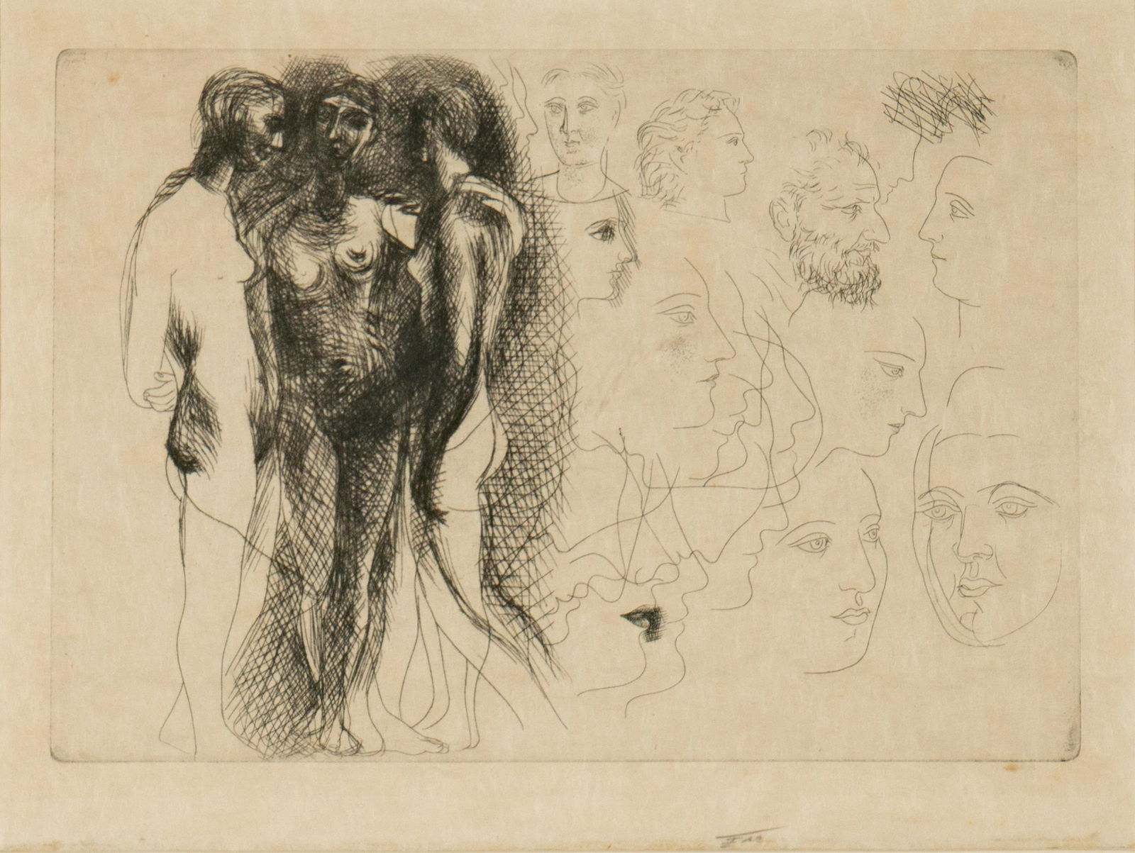 Pablo Picasso, 1881-1973, Three Standing Nudes, with Sketches of Faces (1 of 9)