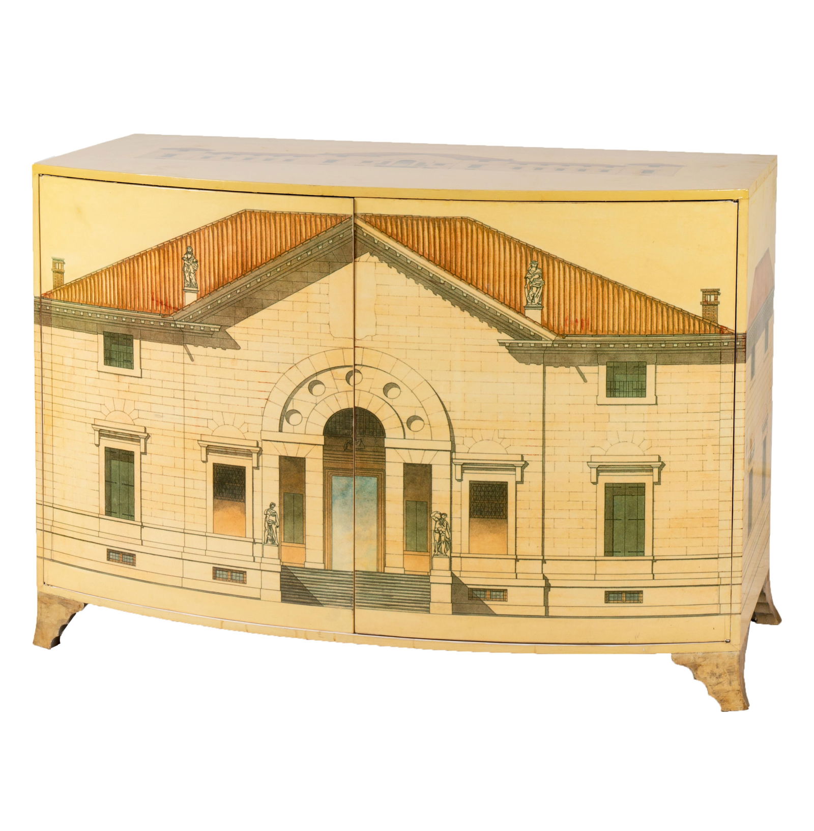 L. Rossi: Fanciful Fornasetti Style Bow-Fronted Large Buffet in the Palladian Taste (1 of 10)