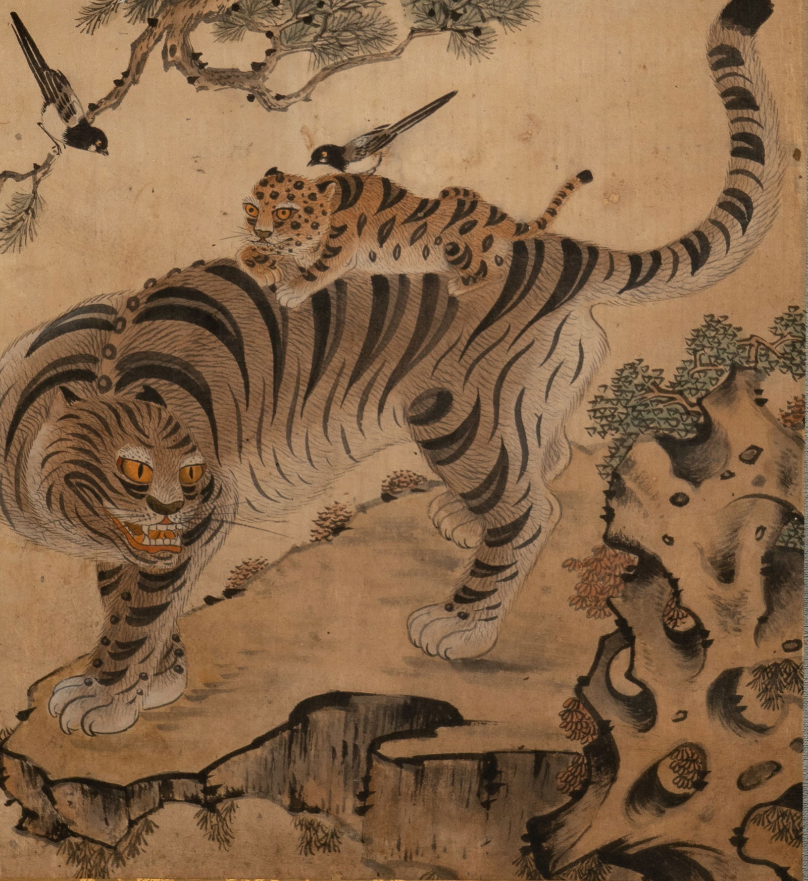 A Korean Folk Art Scroll Painting of Tiger, Cub, and Bird (1 of 14)