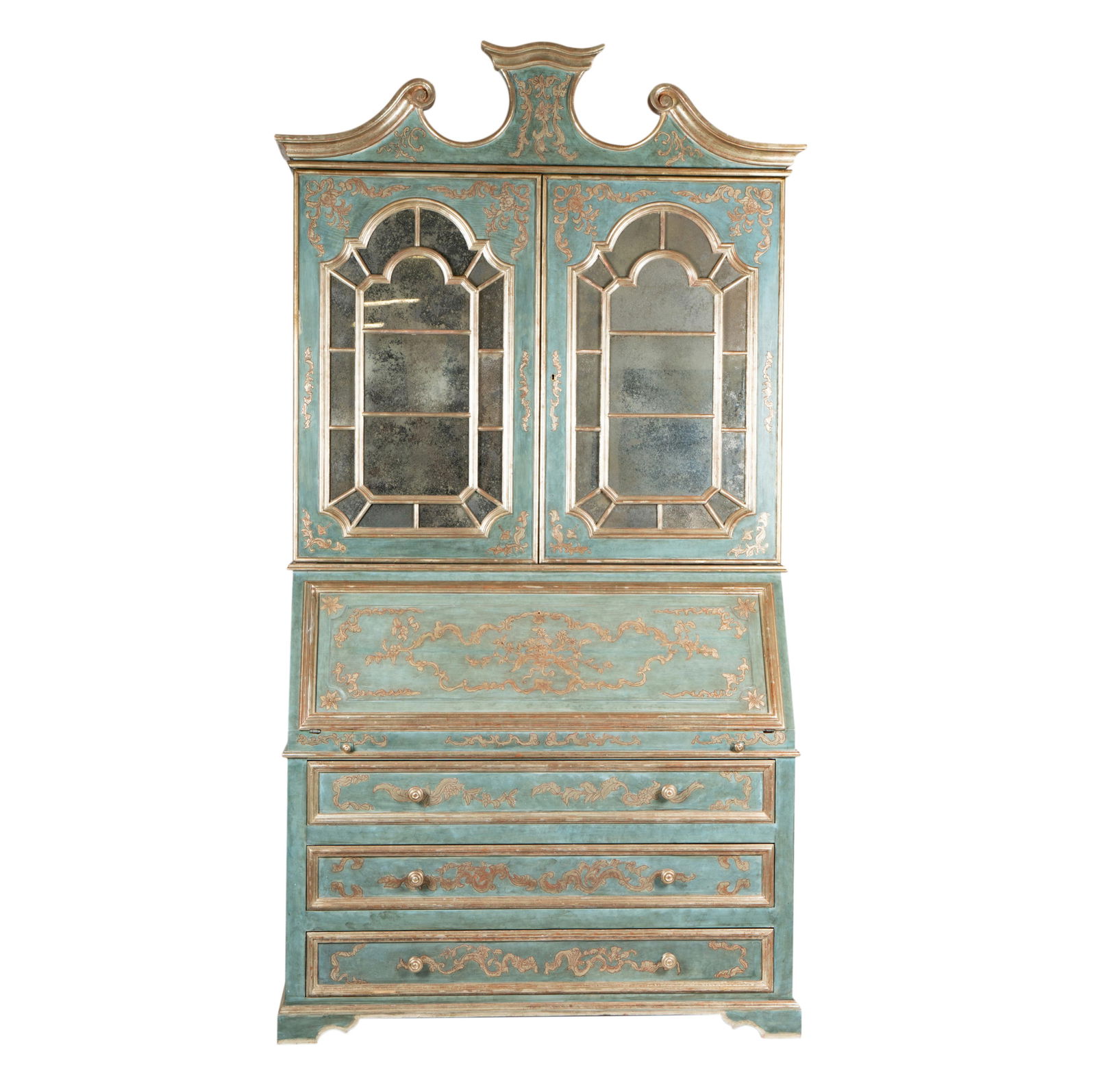 L. Rossi: A Wonderful Italian Rococo-Style Pale Blue and Silver Leaf Bureau Bookcase (1 of 18)