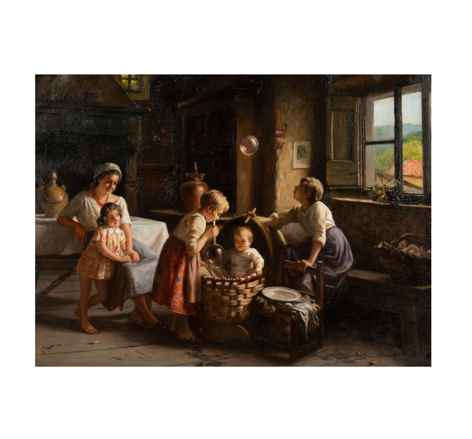 Giuseppe Magni (1869 - 1956): Children in a Cottage Interior: Giuseppe Magni 1869-1956 Children in a Cottage Interior oil on canvas signed lower left 21 1/4 x 29 in. (54 x 73.7 cm.), Frame: 30 1/2 x 38 in. (77.5 x 96.5 cm.)