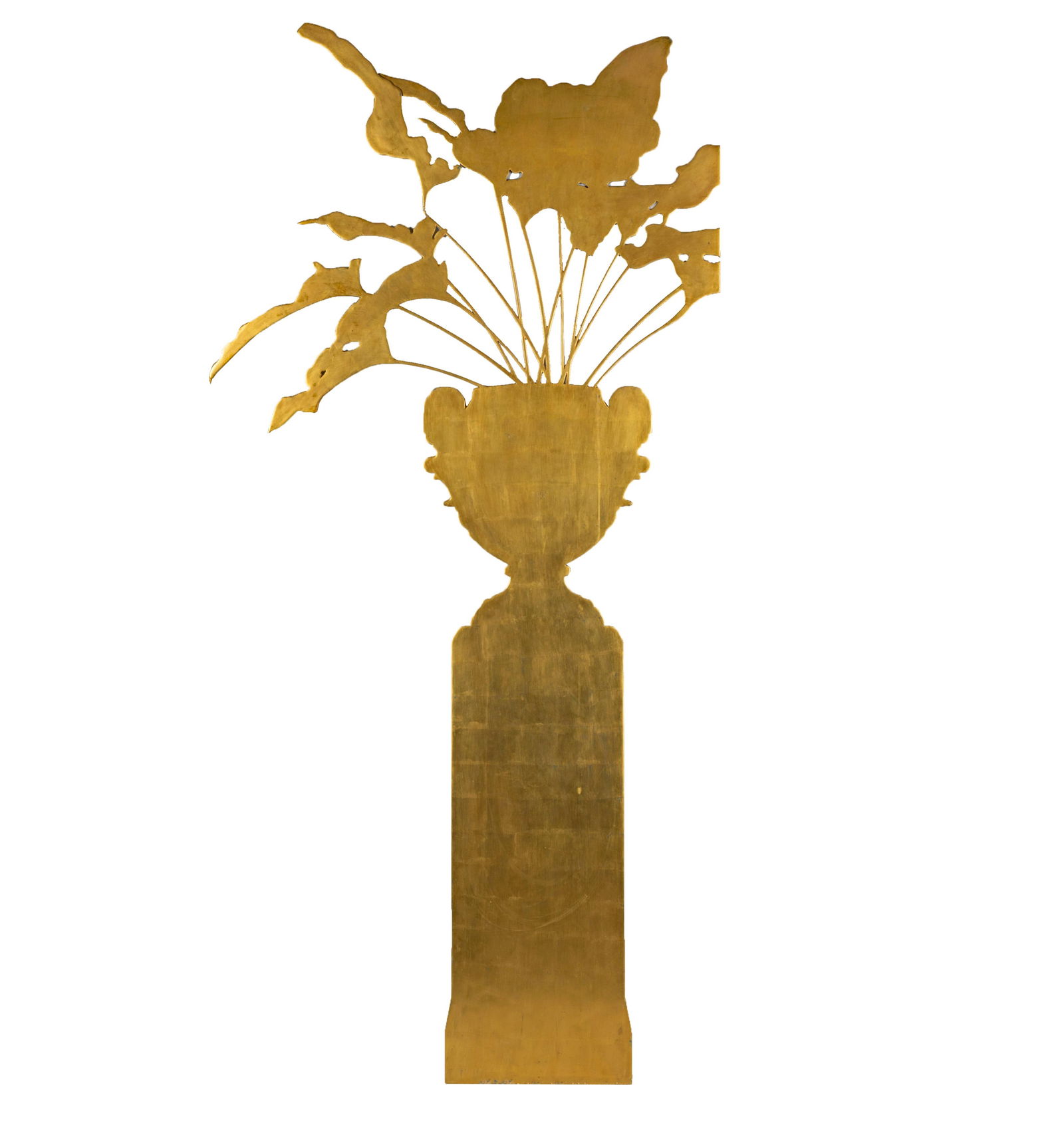 Michael Taylor Designs Gilt Metal Classical Urn on Pedestal: with foliate bouquet, the large display prop, massive laser cut aluminum panel 93 x 44 in. (236.2 x 111.8 cm.) Provenance: Rossi Antiques and Custom Furniture, San Francisco, California