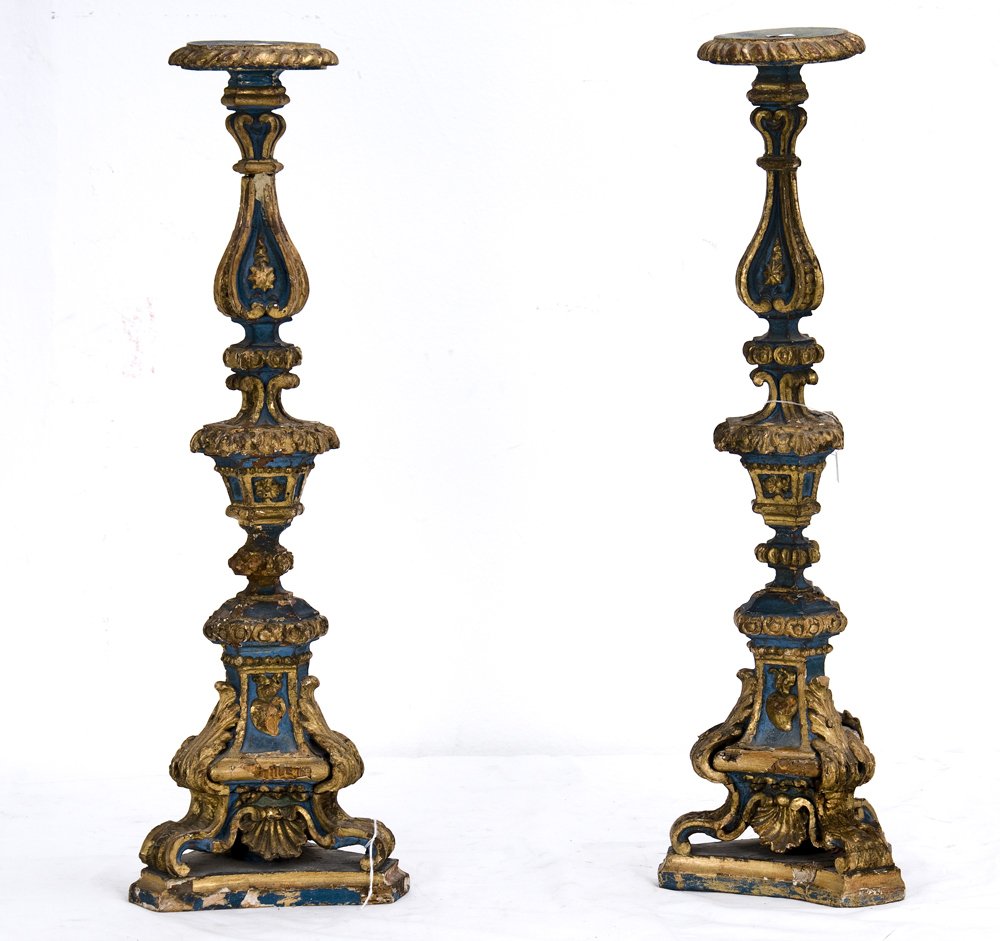 PAIR OF ITALIAN BAROQUE PAINTED ALTAR STICKS: Condition: each with repair and loss of gesso 23 1/2 inches high