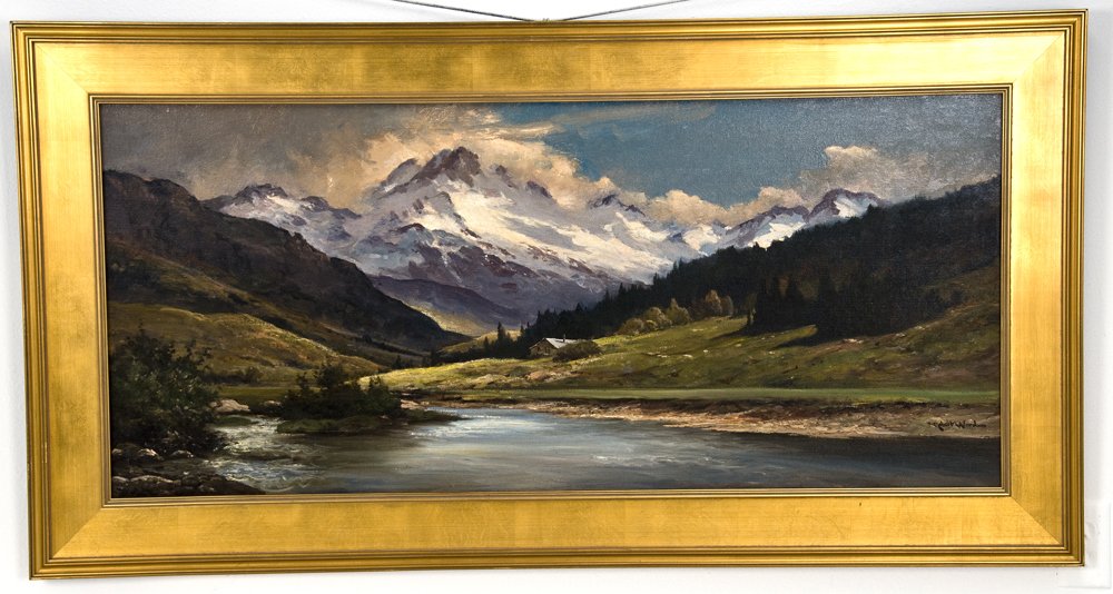 ROBERT WOOD: "MOUNTAIN HOME": oil on canvas signed lower right stamped and titled verso Provenance: Challis Gallery, Laguna Beach 21 inches x 47 inches