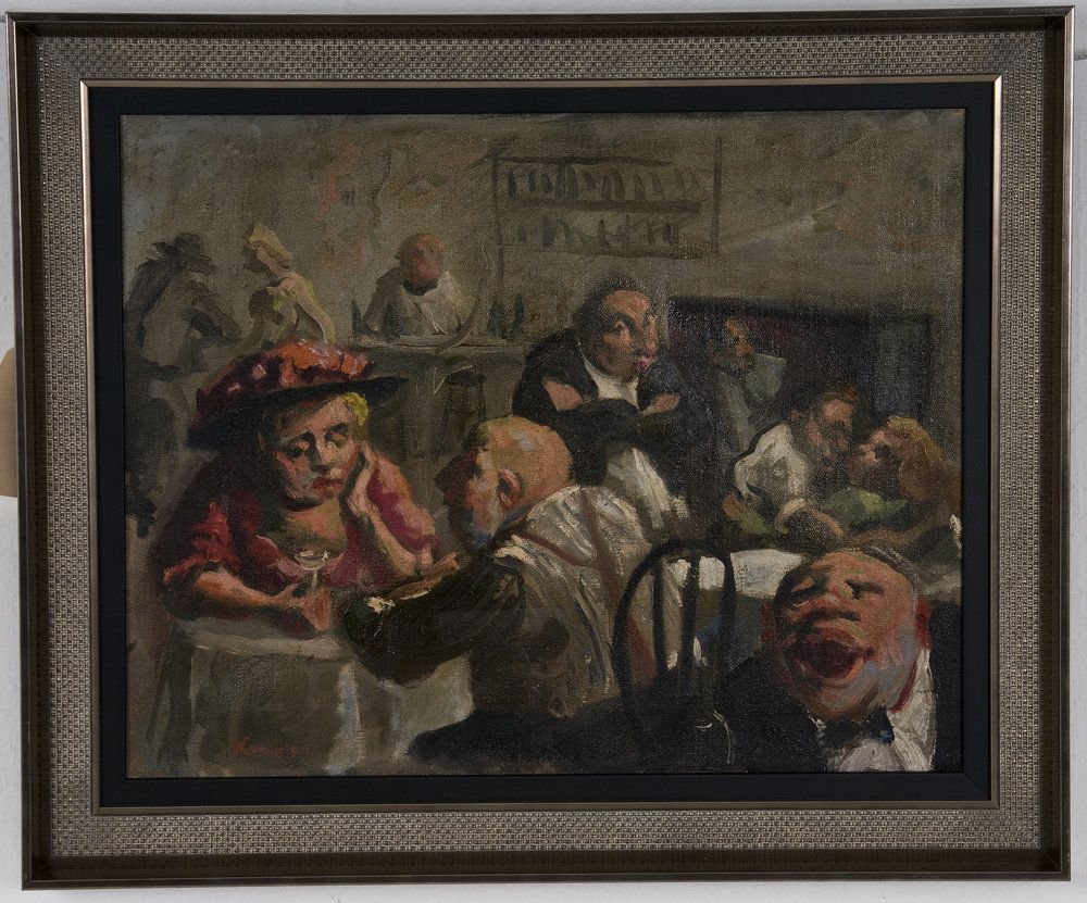 JACK LEVINE: "FIGURES IN A CAFE": circa 1950 oil on canvas signed and dated lower left 15 x 18 1/2 inches