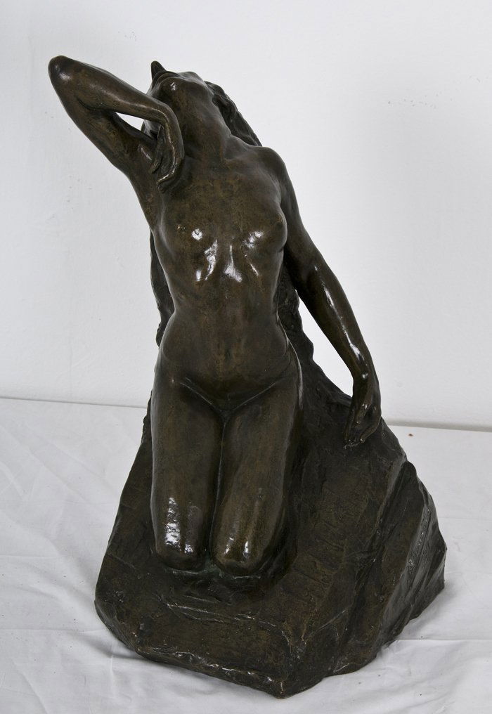 ANTOINE BOURAINE: "FIGURE OF A NUDE": circa 1919 bronze with verdigris patina inscribed and dated in casting 19 1/2 inches high