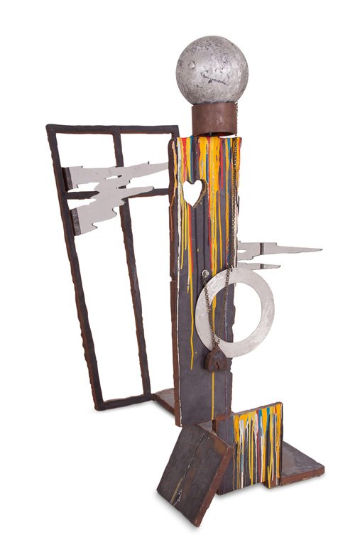 WILLIAM T. WILEY: "LIGHT TOUCHES FALL COLOR": circa 1983 steel, aluminum, and brass with paint 50 inches long; 33 1/2 inches wide; 54 1/2 inches high