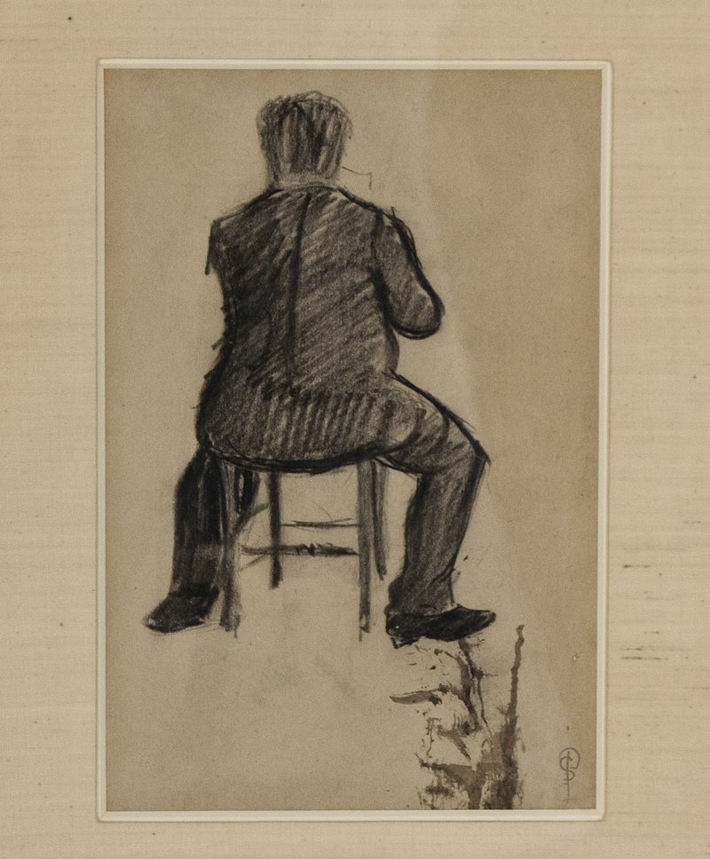 PAUL SIGNAC: "DRAWING OF A SEATED MAN": circa 1883 charcoal on paper initialed in ligature lower right with letter from Marlborough Gallery, London, December 1986, stating that Madame Francoise Cachin confirms the drawing is a work by Signa