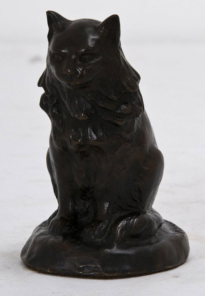 JOHN MARSHALL GAMBLE: "SEATED CAT": bronze animal with brown patina inscribed in casting Provenance: deaccessioned from the Bowers Museum, Santa Ana, circa 1979 4 1/4 inches high