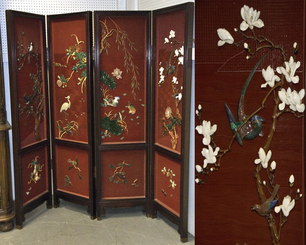 CHINESE CINNABAR LACQUERED AND HARD STONE SCREEN: depicting birds perched on blossoming trees and shore birds wading in water; the back panels with lacquered floral scenes 75 inches high; 80 inches long fully extended