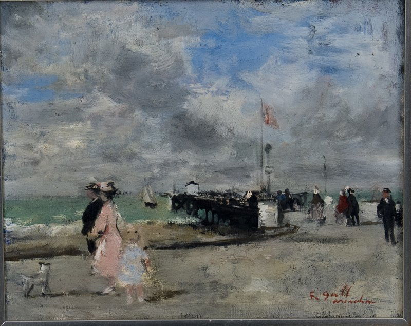 FRANCOIS GALL: "STROLLERS ON THE BEACH": oil on canvas signed lower right Provenance: The Estate of Ann Rutherford, Beverly Hills 8 3/4 x 10 3/4 inches
