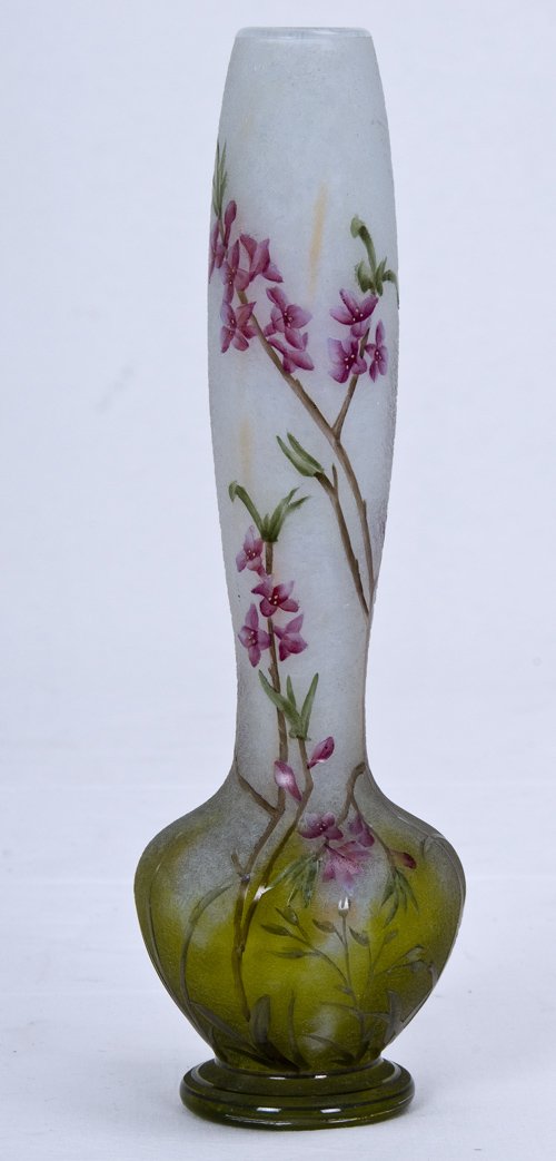 DAUM NANCY CAMEO GLASS BUD VASE: with etched and enameled floral decoration 9 inches high