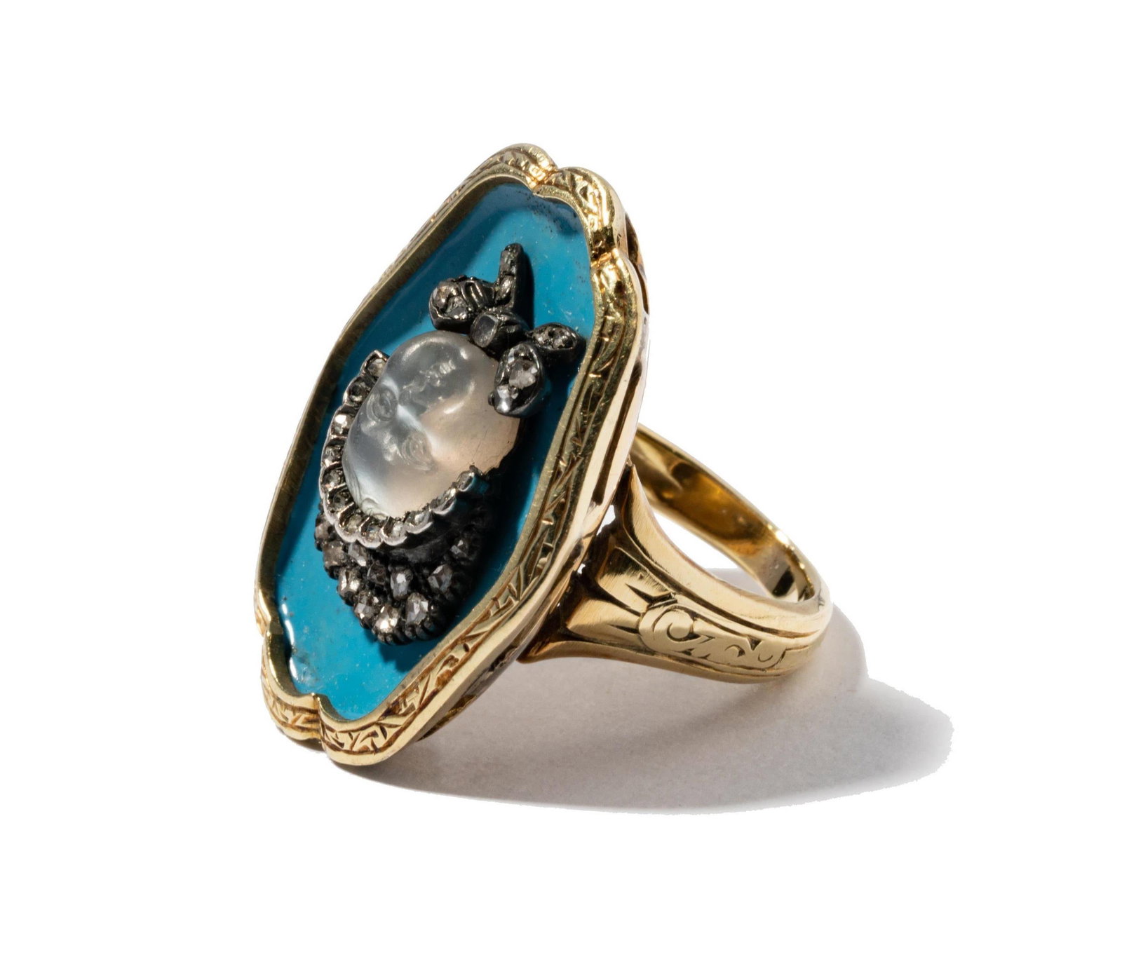 Victorian Era 18 Karat Yellow Gold, Silver, Enamel, Moonstone and Diamond Ring (1 of 5)
