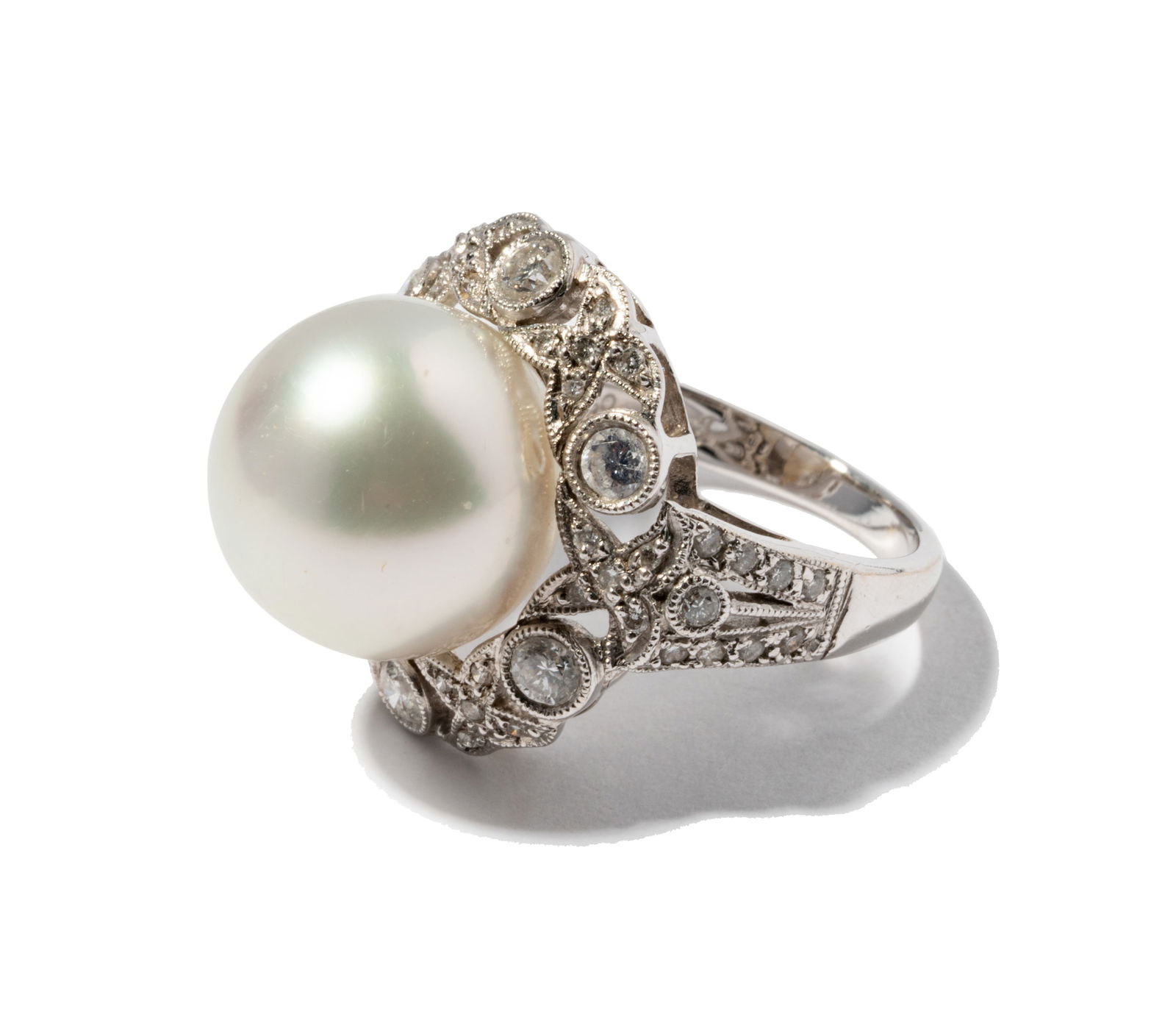 18 Karat White Gold, South Seas Cultured Pearl and Diamond Ring (1 of 4)