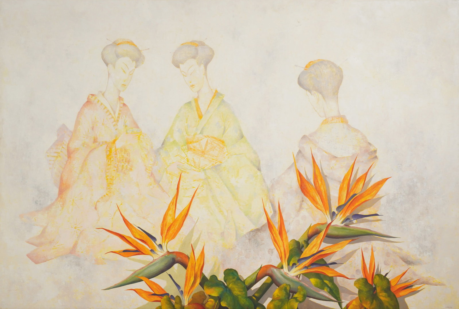Alejandro Canedo (1902-1978): Three Figures with Flowers: Alejandro Canedo 1902-1978 Three Figures with Flowers oil on Masonite signed lower right Sight: 47 1/2 x 71 in. (120.7 x 180.3 cm.), Frame: 53 1/2 x 77 in. (135.9 x 195.6 cm.)
