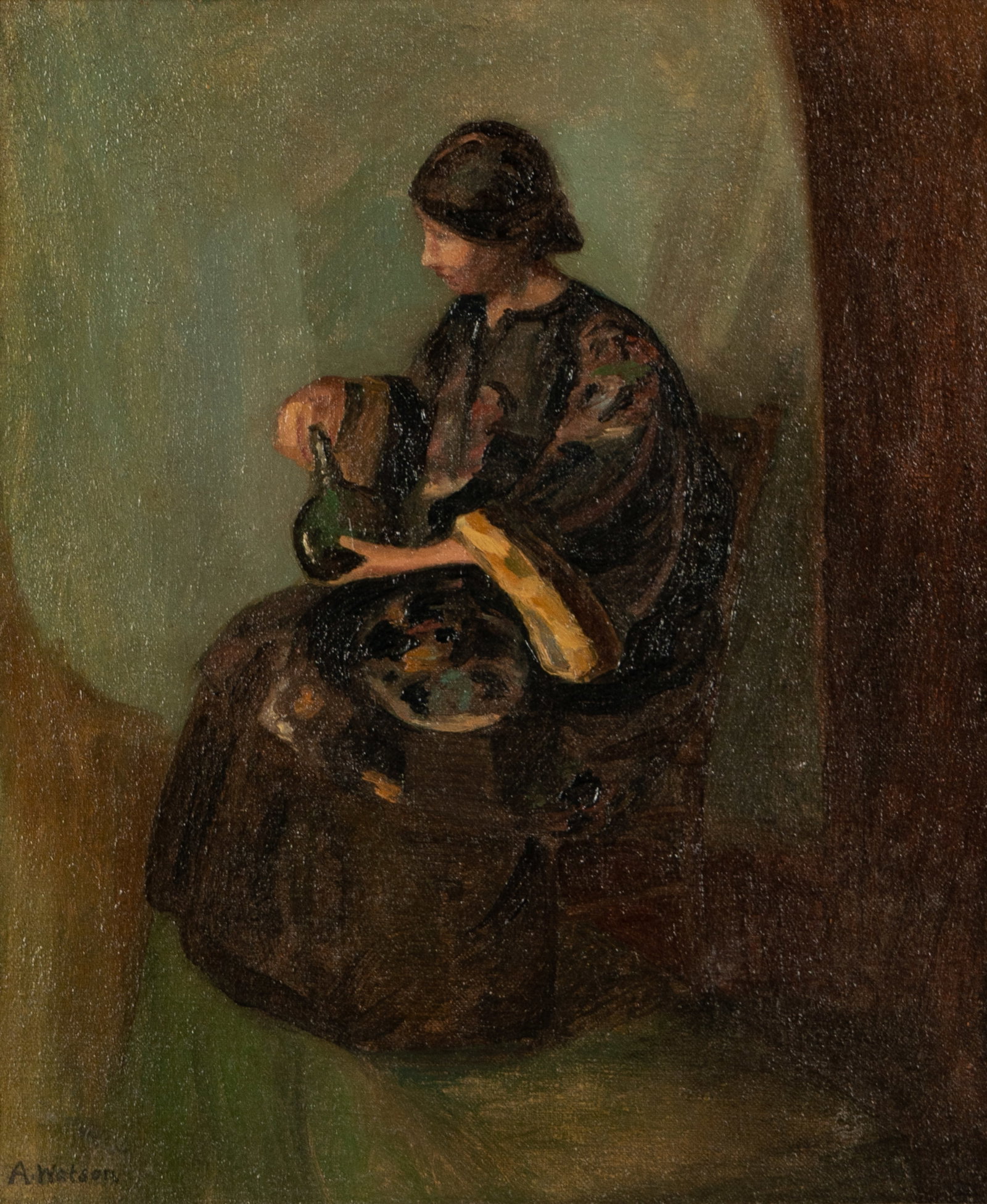 Adele Watson (1873-1947): Seated Woman: Adele Watson 1873-1947 Seated Woman oil on canvas signed lower left, signed again to stretcher 18 1/2 x 15 1/2 in. (47 x 39.4 cm.), Frame: 24 3/4 x 21 3/4 in. (62.9 x 55.2 cm.)