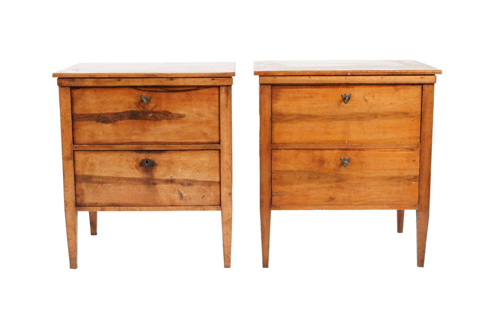 A Pair of French Petite Commodes: 19th century; each with two drawers; with three keys total 31 1/2 x 27 1/4 x 21 in. (80 x 69.2 x 53.3 cm.)