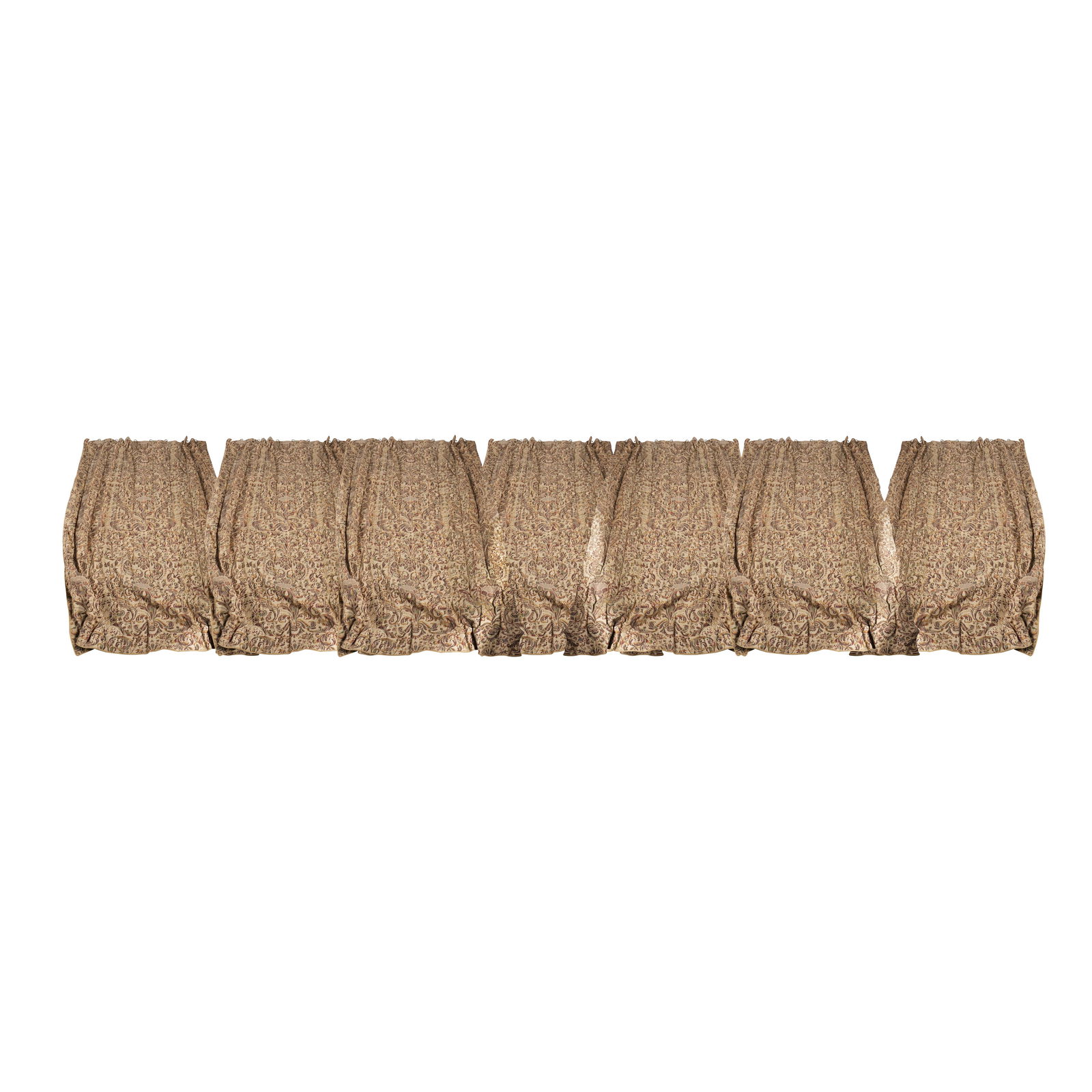 A Set of Fortuny Fabric Window Curtains / Drapes: comprising seven panels, lined and interlined Six: 67 x 93 in. (170.2 x 236.2 cm.), One: 93 x 91 in. (236.2 x 231.1 cm.)