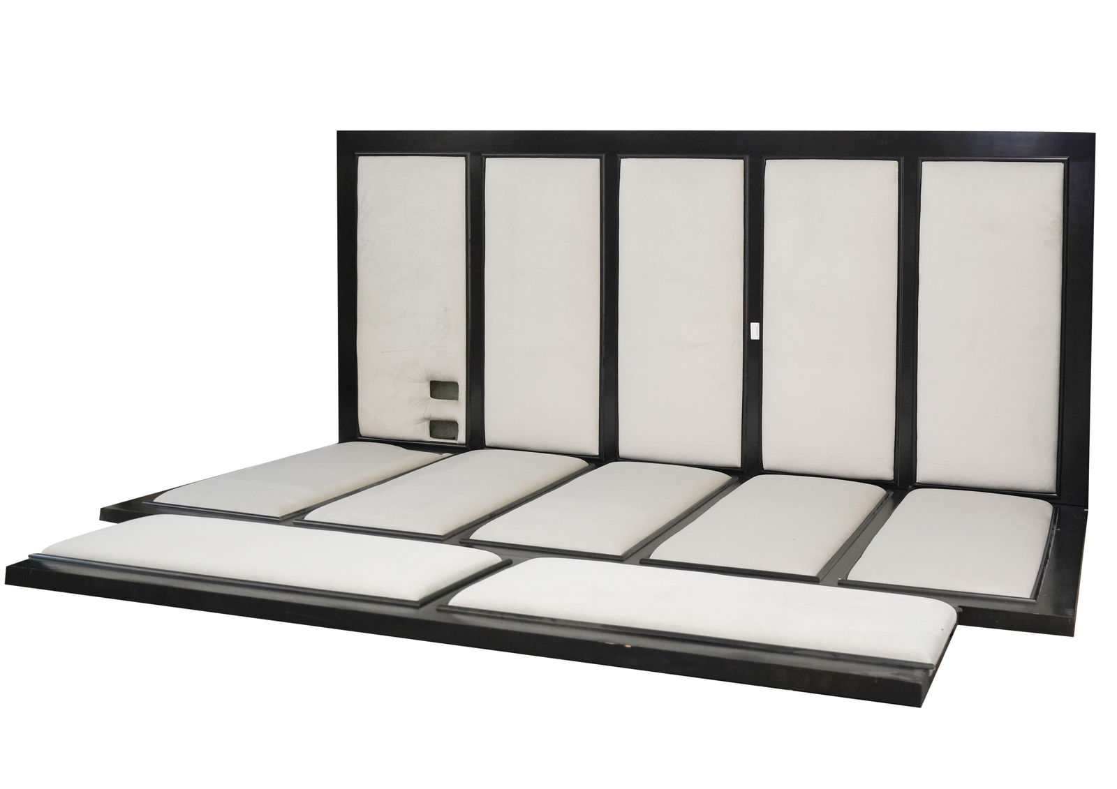 Simon Hamui: Stained Wood and Cashmere Bed: constructed in three pieces (two platform pieces and a headboard) Each platform panel: 107 3/4 x 48 5/8 in. (273.7 x 123.5 cm.), Headboard: 24 1/2 x 87 in. (62.2 x 221 cm.)