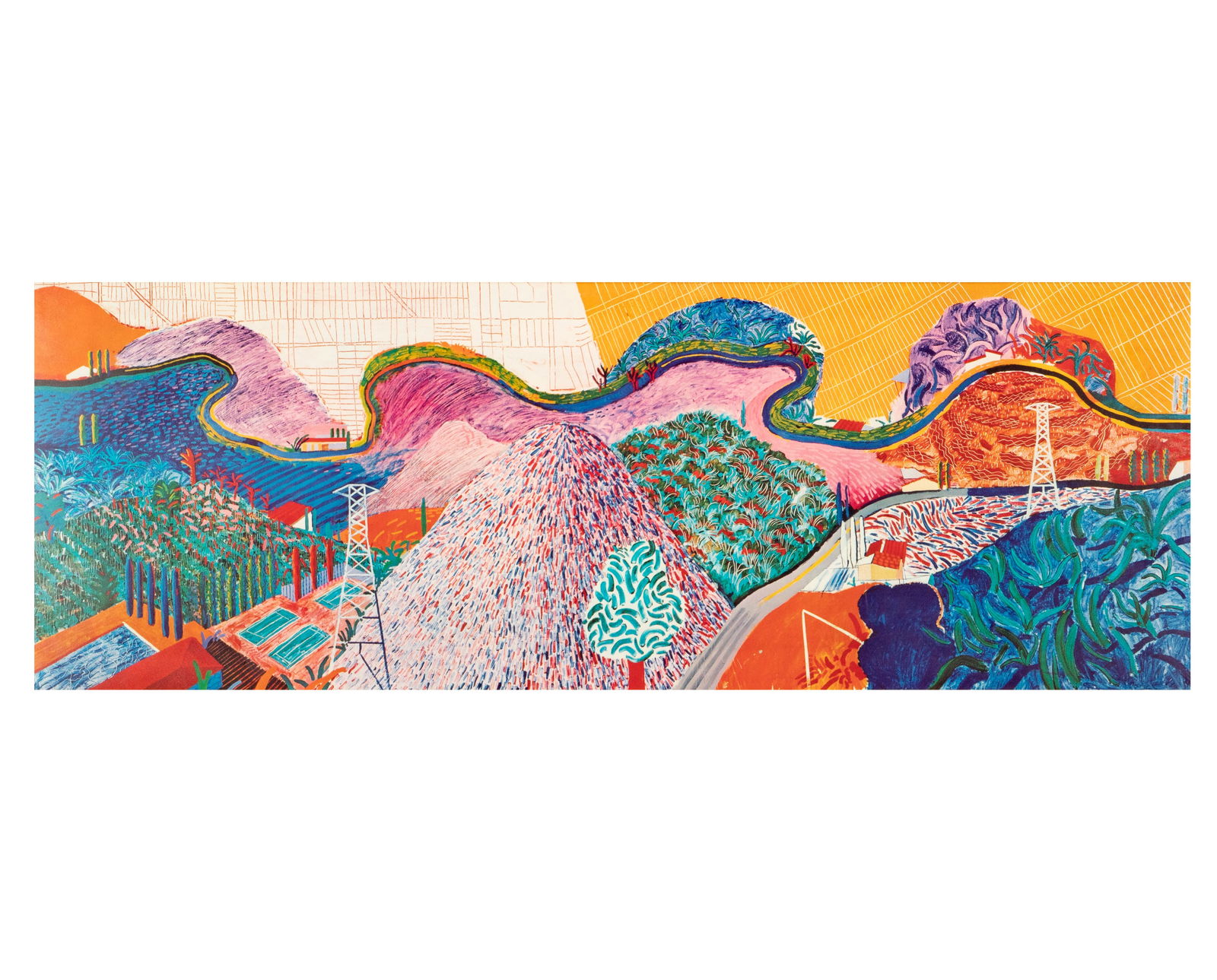 A David Hockney-Signed Museum Poster: "Mulholland Drive: The Road to the Studio", collotype on paper; 1980; signed "Hand Signed David Hockney" and stamped five times "Hand Stamped David Hockney" beneath image; published by Los Angeles Cou