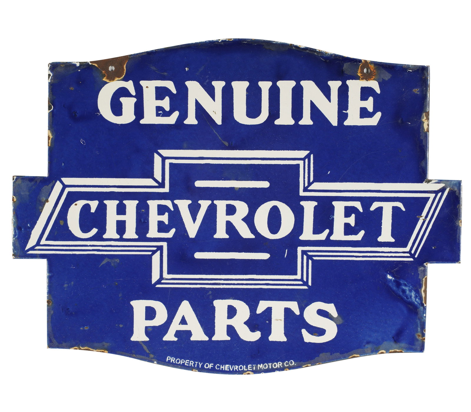 A Vintage Double-Sided Genuine Chevrolet Parts Advertising Sign: painted metal 18 x 24 in. (45.7 x 61 cm.)