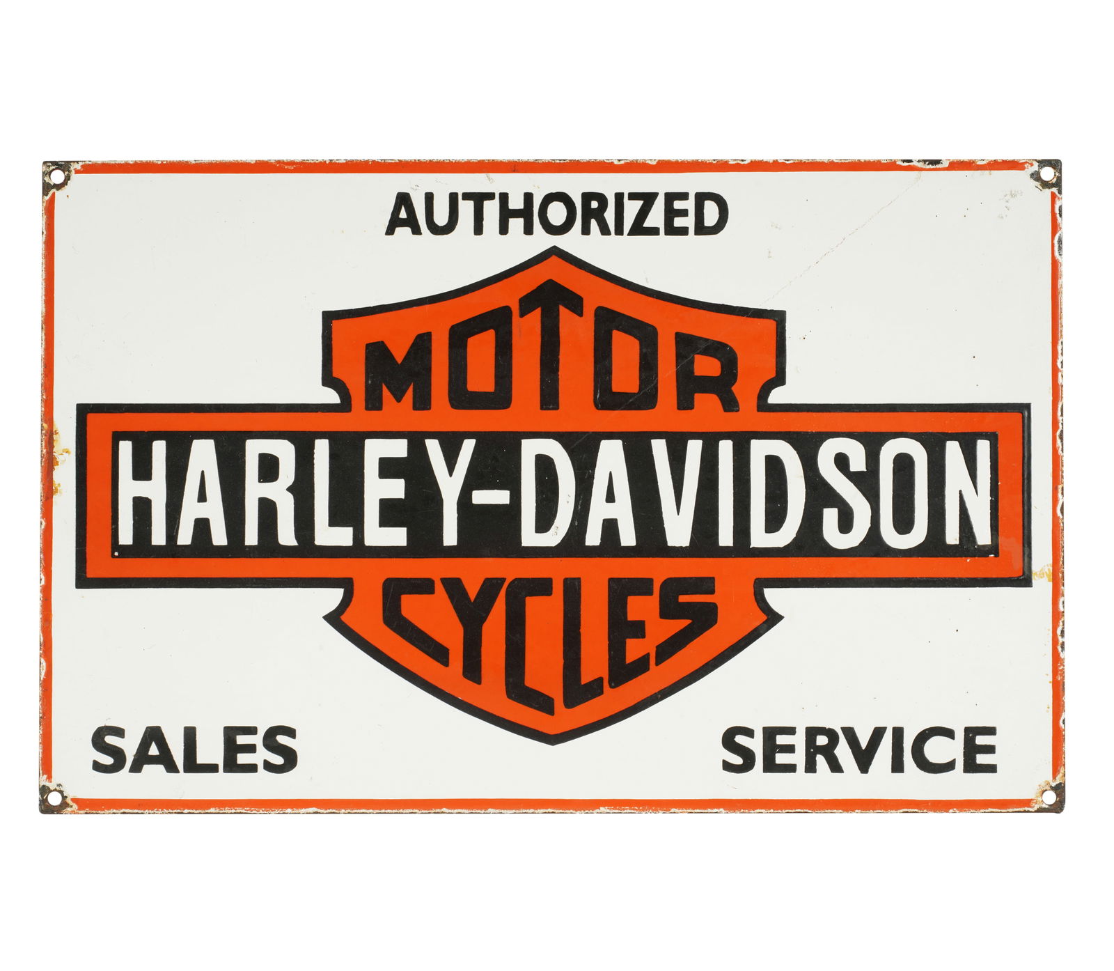 A Harley-Davidson Motorcycles Advertising Sign: painted metal 12 1/2 x 19 1/2 in. (31.8 x 49.5 cm.)