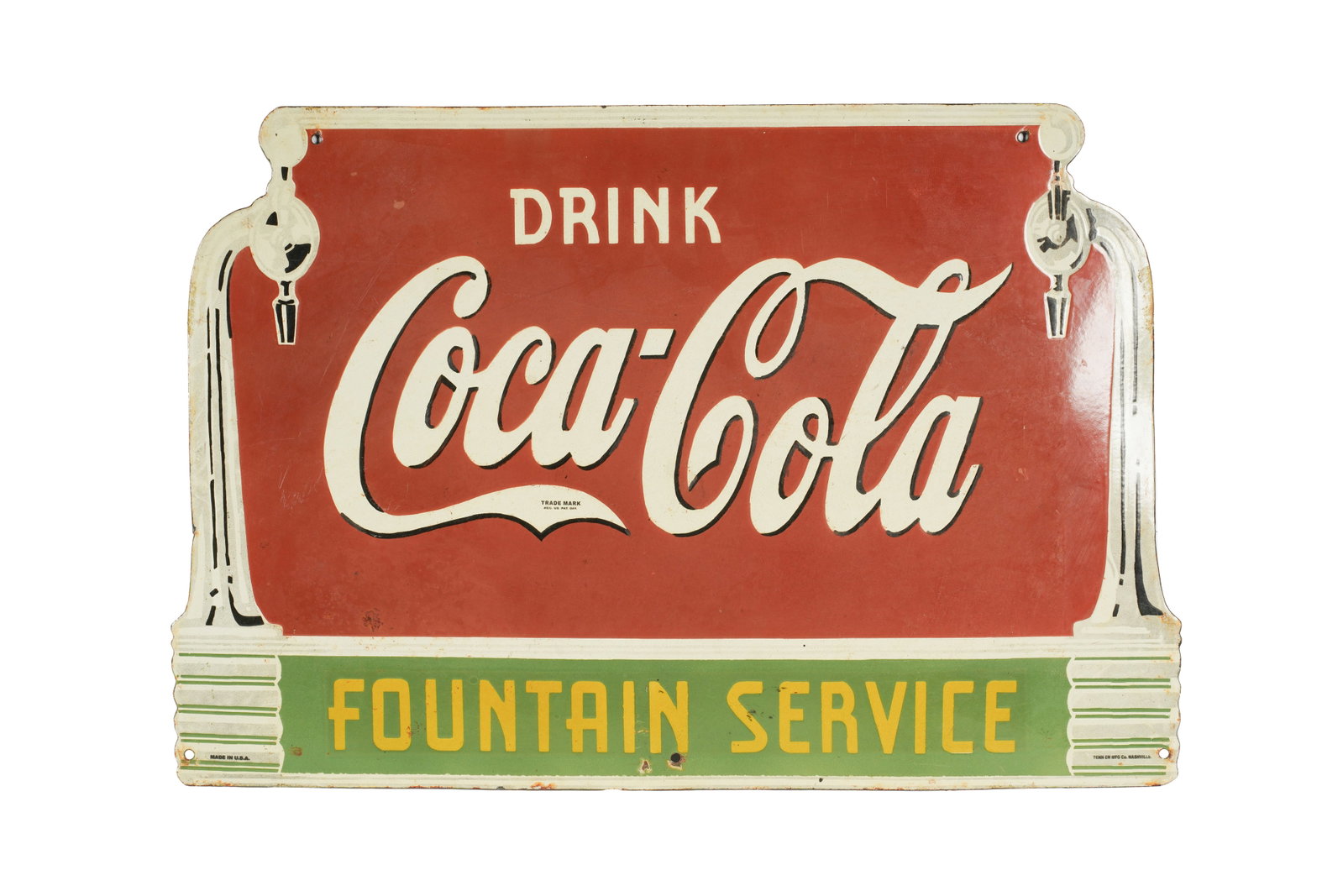 A Drink Coca-Cola Fountain Service Advertising Sign: painted metal 20 x 29 3/4 in. (50.8 x 75.6 cm.)