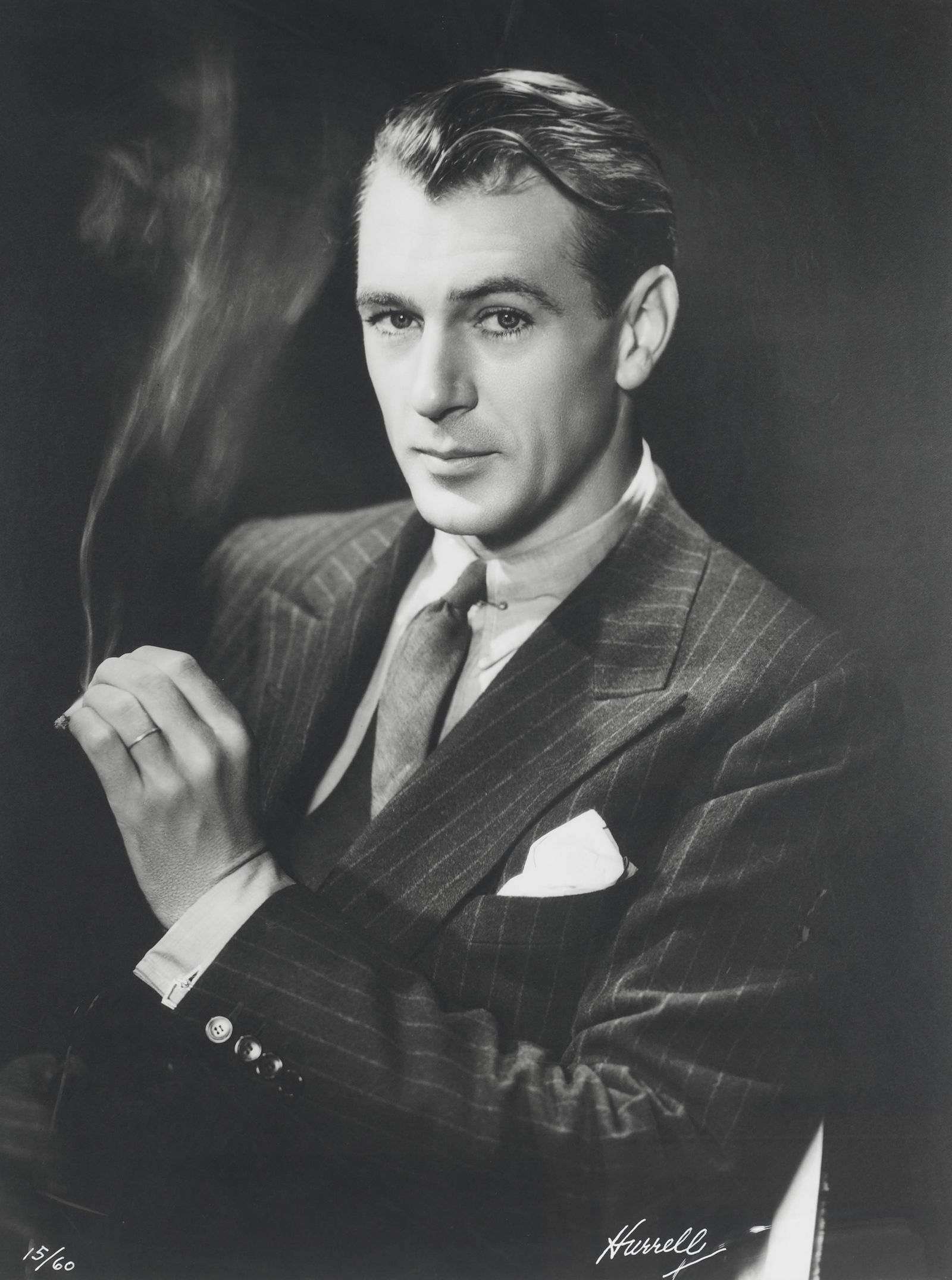 George Hurrell (1904-1992): Gary Cooper: George Hurrell Los Angeles, CA 1904-1992 Gary Cooper silver gelatin print (a reprint) ed. 15/60; signed and numbered to lower edge Sight: 47 1/4 x 35 1/4 in. (120 x 89.5 cm.), Frame: 53 3/4 x 41 3/4 i
