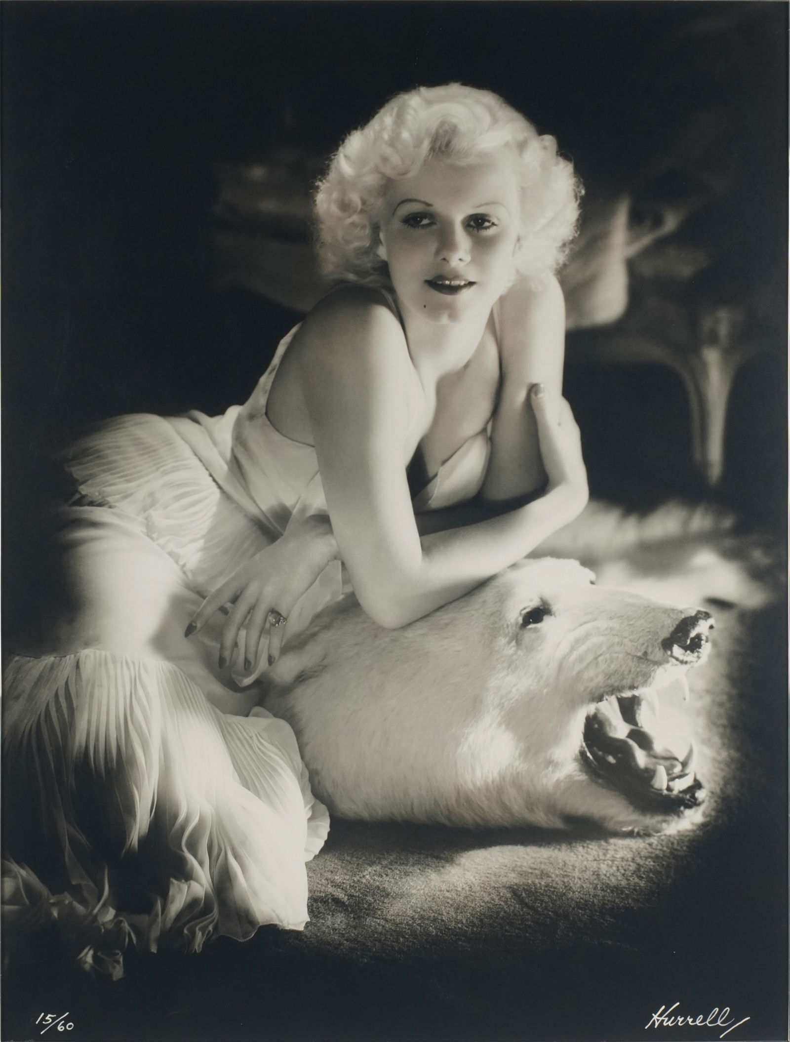 George Hurrell (1904-1992): Jean Harlow: George Hurrell Los Angeles, CA 1904-1992 Jean Harlow silver gelatin print (a reprint) ed. 15/60; signed and numbered to lower edge 47 1/2 x 35 1/2 in. (120.7 x 90.2 cm.), Frame: 54 x 41 3/4 in. (137.2