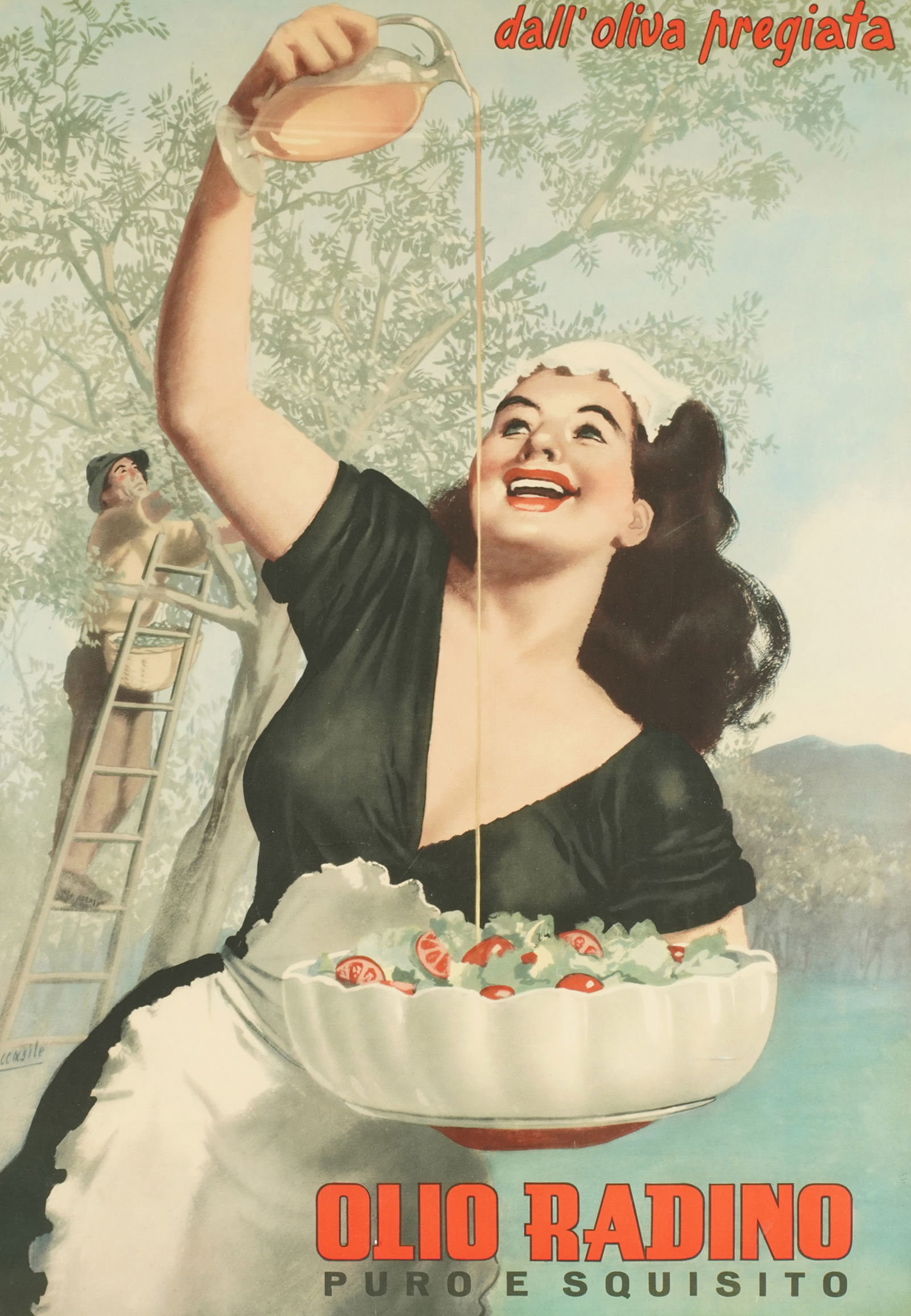 Gino Boccasile (1901-1952): Olio Radino Advertising Poster: offset lithograph, c. 1950; printed by Fiorin, Milan Sight: 54 3/4 x 39 in. (139.1 x 99.1 cm.), Frame: 62 1/2 x 46 3/4 in. (158.8 x 118.7 cm.)