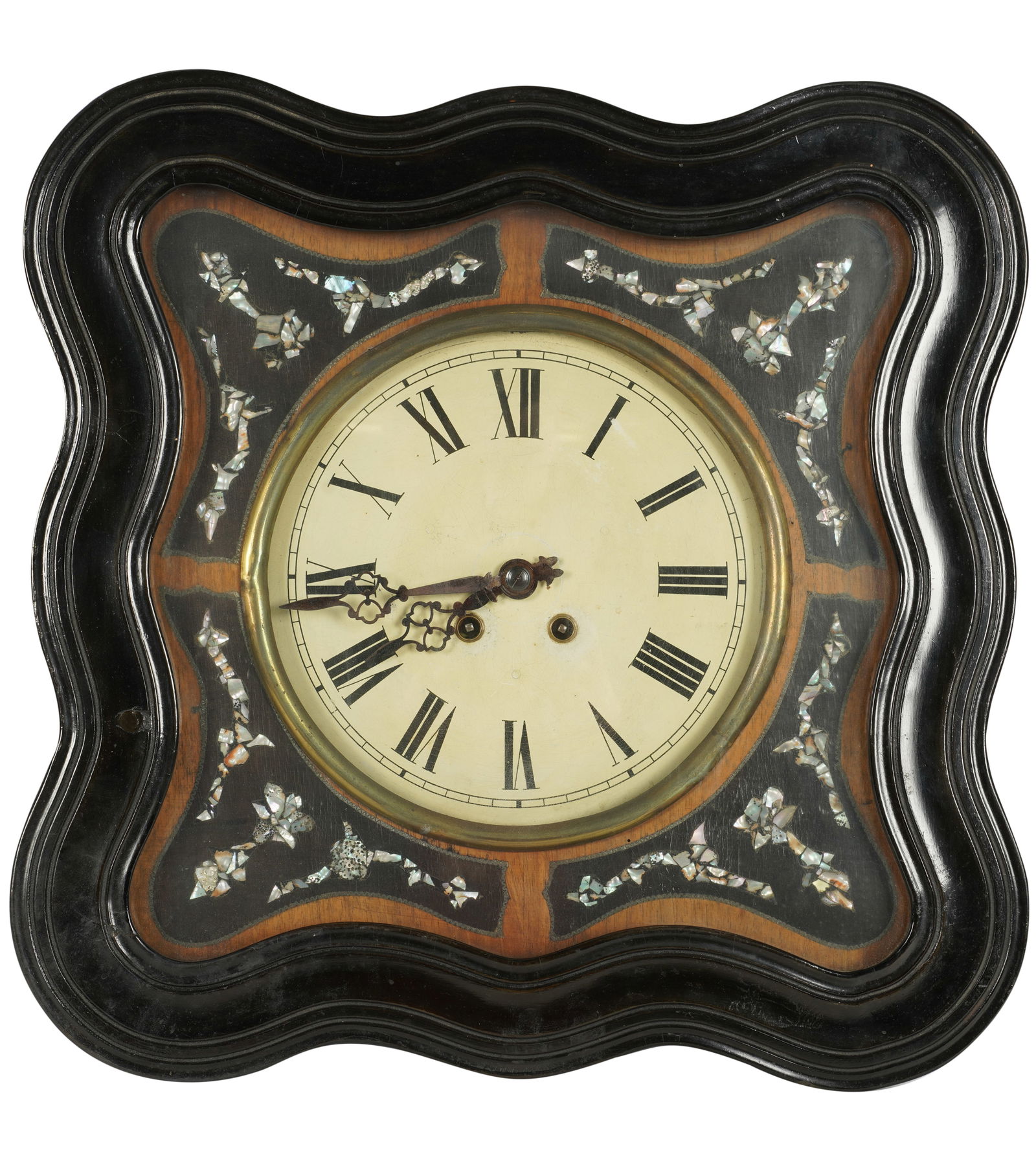 A Victorian Mother of Pearl-Inlaid Clock: with hinged, glazed cover; unsigned 6 x 18 1/2 x 18 1/2 in. (15.2 x 47 x 47 cm.) Provenance: The Estate of Francis Neiman, Beverly Hills